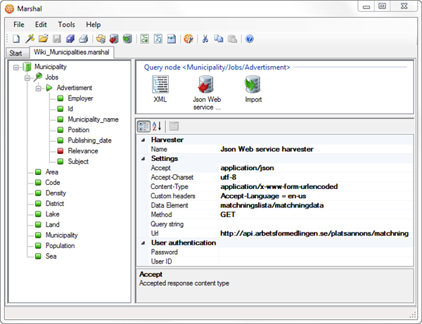 JSON web service harvester properties